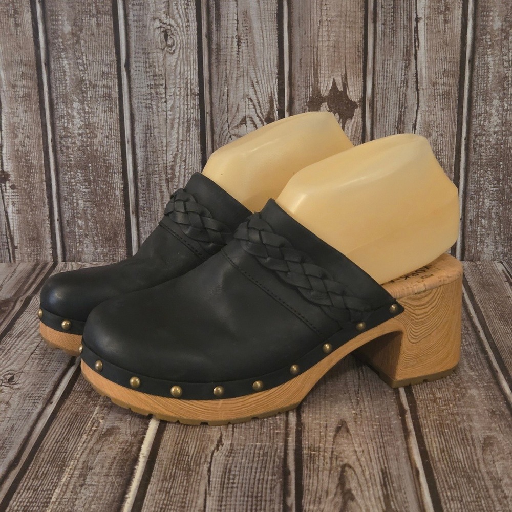 Sz 7 M Kork-Ease Lilly Black Braided Leather Studded Platform Comfort Clogs